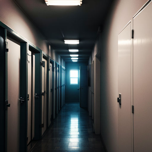 a long hallway with several doors and a light at the end of the hallway is lit by a window