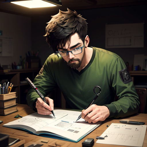 a man sitting at a desk with a pen and paper in front of him and a book in front of him
