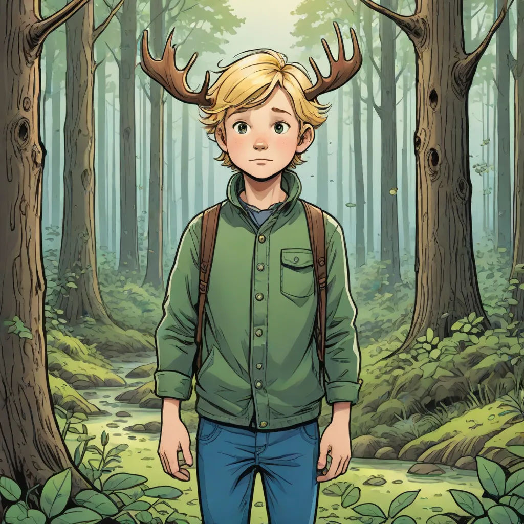 a boy standing in the woods with a deer's head on his head and a backpack on his shoulder, a storybook illustration, Anson Maddocks, process art, graphic novel