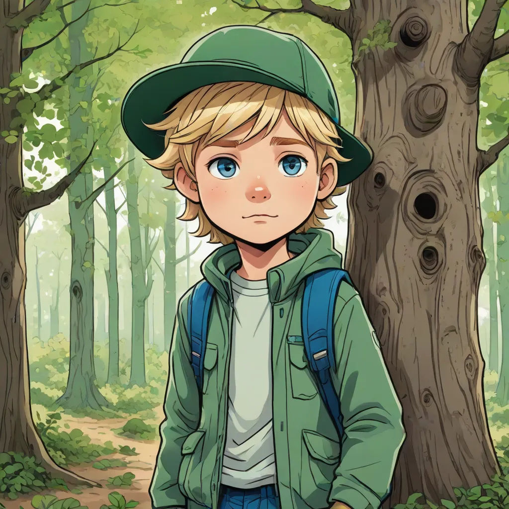 a boy in a green hat standing in front of a tree in a forest with a forest background and a forest path, a character portrait, Cedric Seaut (Keos Masons), photorealism, official art
