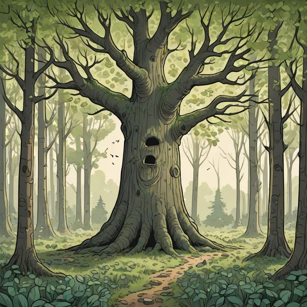 a painting of a tree with a face in the middle of it's trunk and a path leading to it, a storybook illustration, Chris LaBrooy, fantasy art, storybook illustration