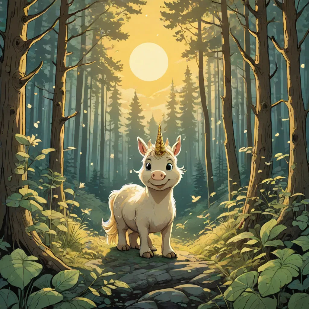 a cartoon picture of a unicorn in the woods with a sun in the background and leaves around it,, a storybook illustration, Chris LaBrooy, fantasy art, rossdraws global illumination