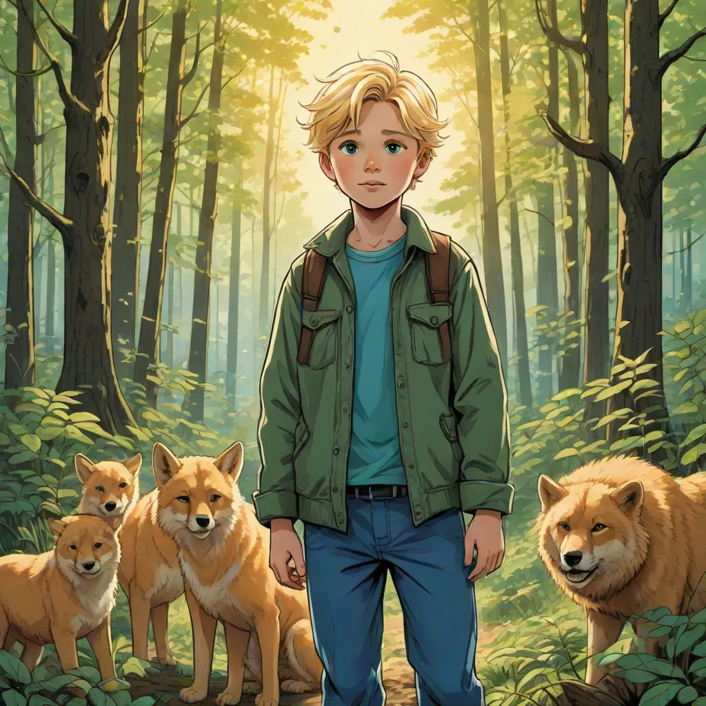 a boy standing in the woods with three foxes behind him and a forest scene behind him with a boy and three foxes, a comic book panel, David Park, furry art, comic cover art