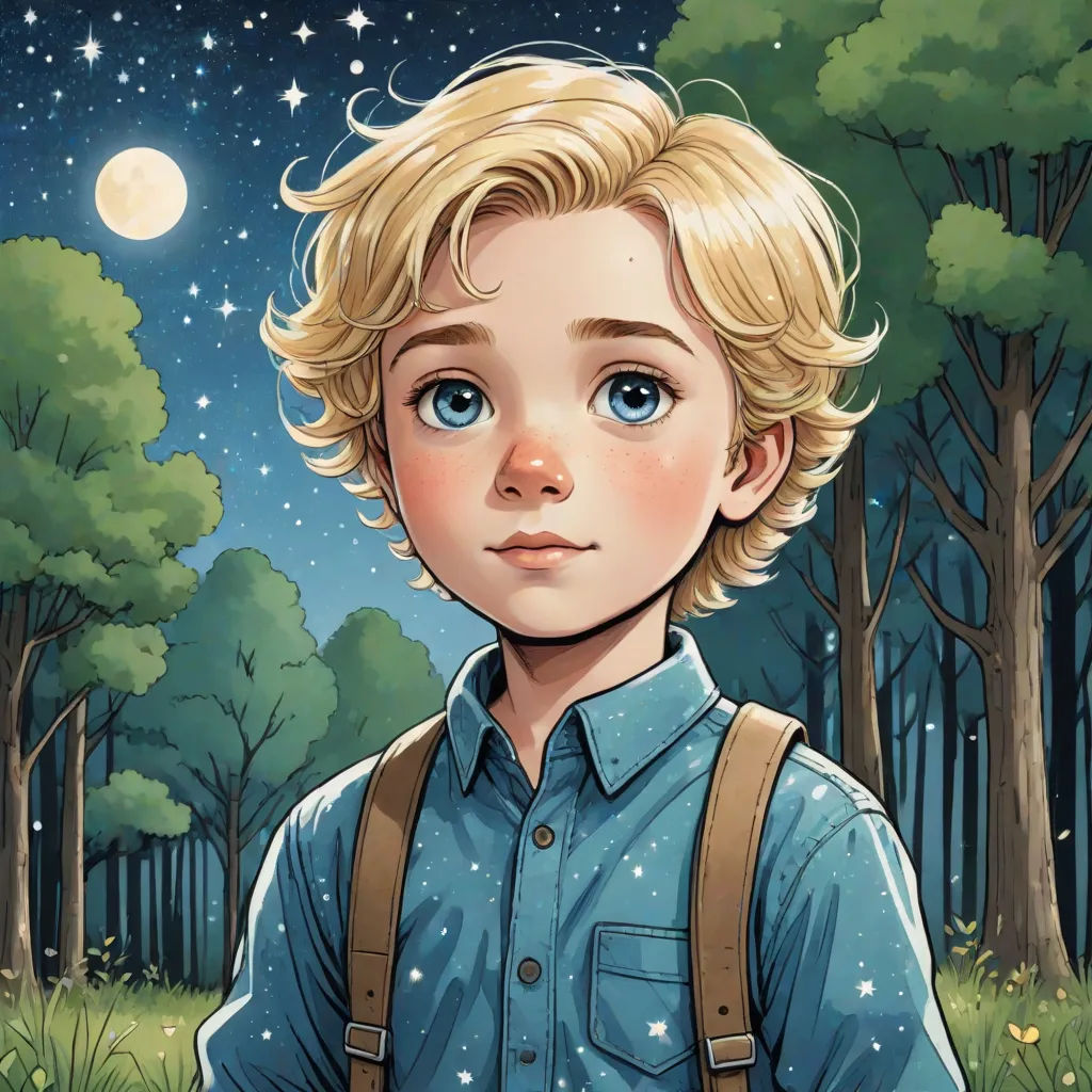 a boy with blonde hair and blue eyes is standing in the woods at night with a full moon in the background, a storybook illustration, Cliff Childs, space art, comic cover art