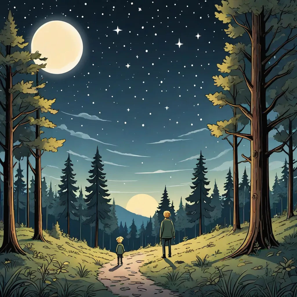 a man and a woman are walking in the woods at night under the stars and the moon above them, a storybook illustration, Dan Mumford, space art, storybook illustration