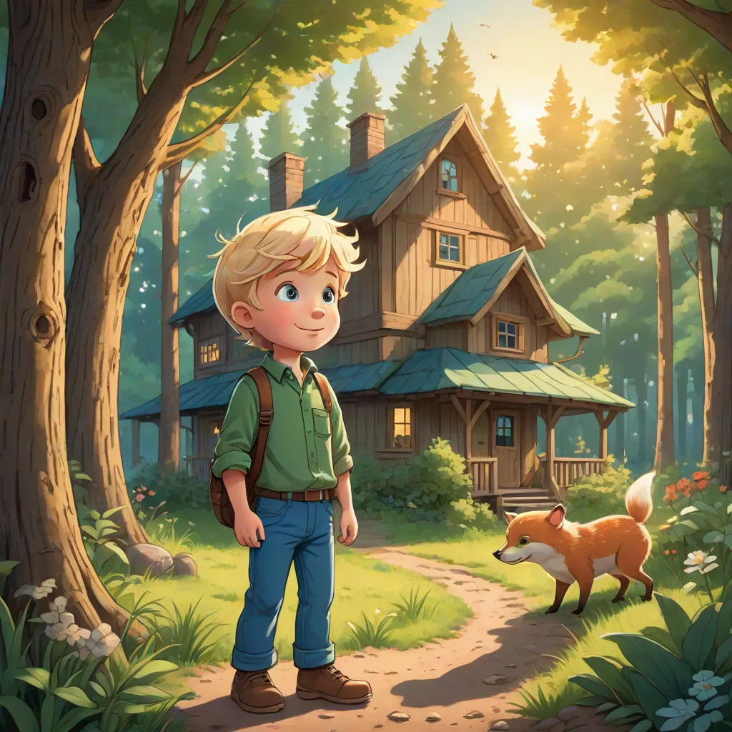 a boy standing in front of a house in the woods with a fox nearby and a fox running towards him, a storybook illustration, Aaron Jasinski, sots art, storybook illustration