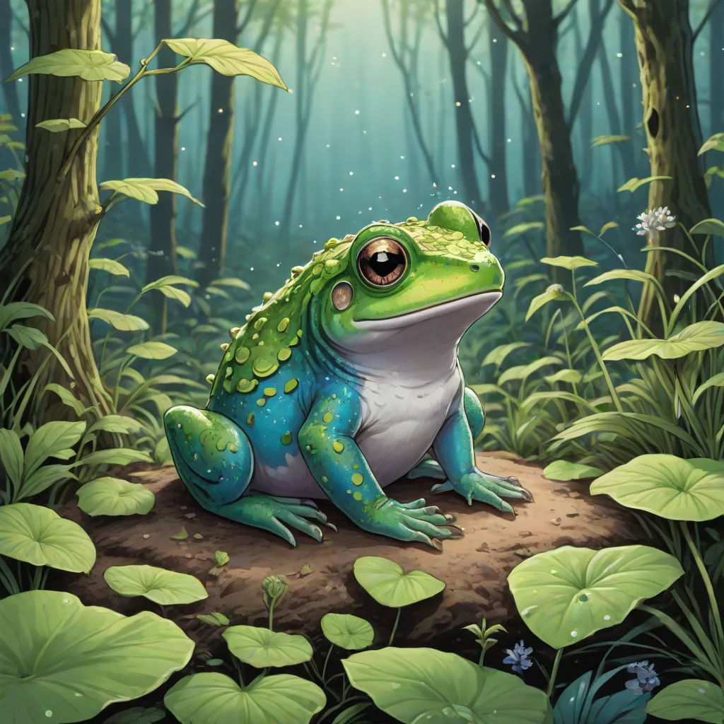 a frog sitting on a rock in a forest with green leaves and flowers around it, looking at the camera, a digital painting, Chris LaBrooy, fantasy art, magic the gathering artwork