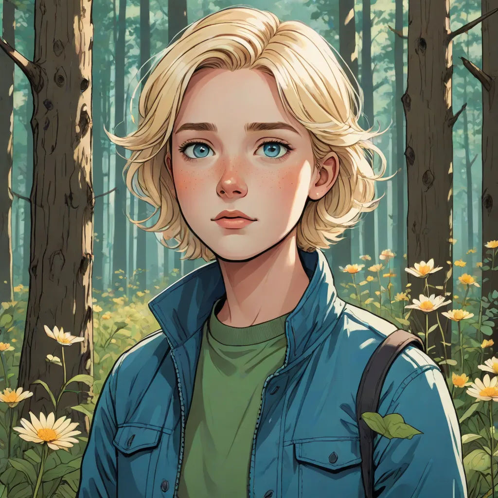 a woman standing in a forest with flowers on the ground and trees in the background, with a blue jacket on, a character portrait, Charlie Bowater, sots art, rossdraws global illumination