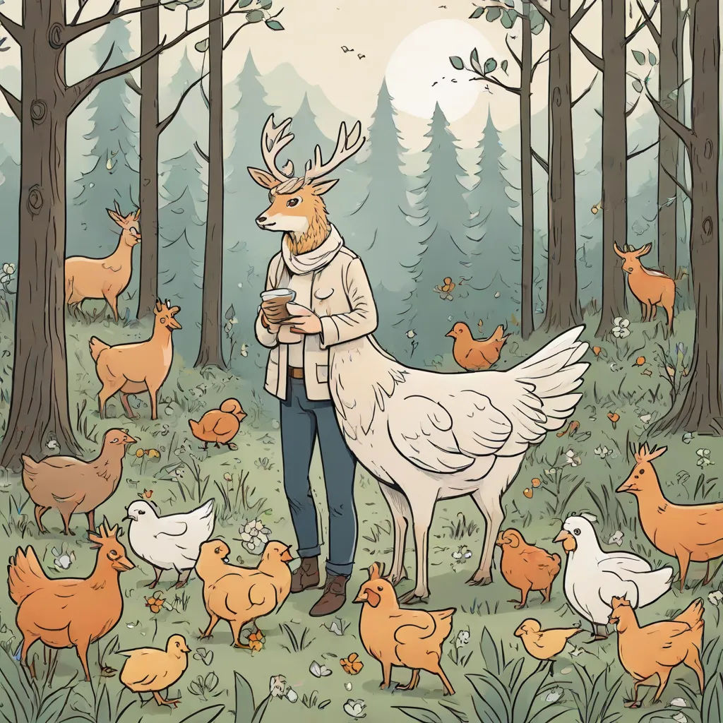a man standing in a forest with a large white bird and many chickens around him, with a deer on his shoulder, a storybook illustration, Asaf Hanuka, furry art, leesha hannigan