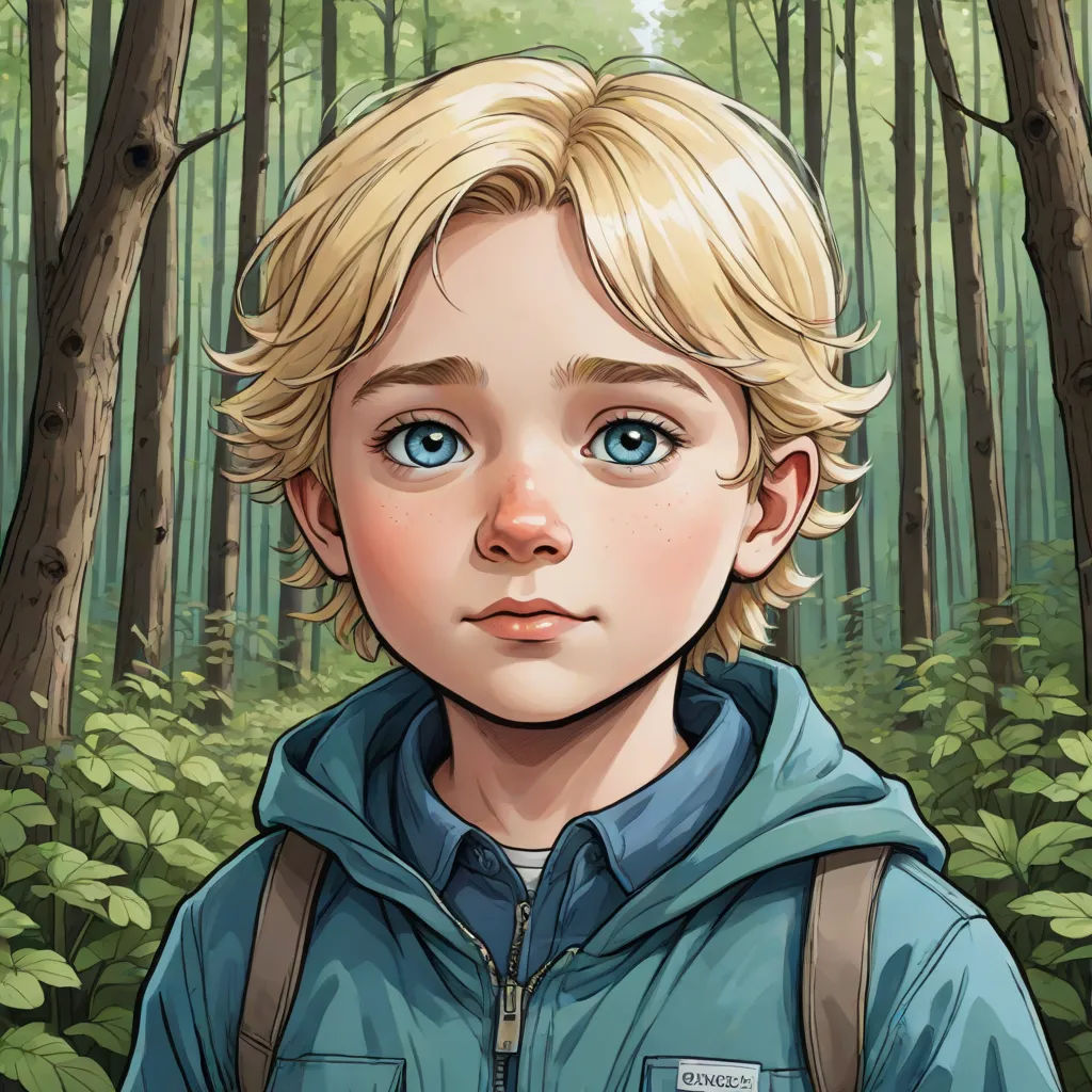 a boy with blonde hair and blue eyes stands in a forest with trees and bushes, looking at the camera, a character portrait, Aaron Jasinski, photorealism, highly detailed digital painting
