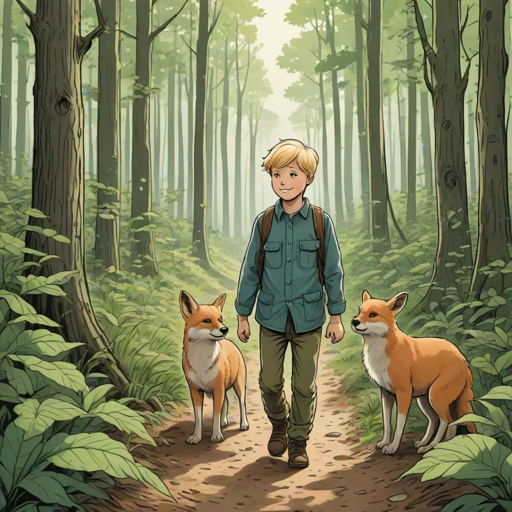 a boy and two foxes are walking in the woods together, with a forest background and a man in a blue shirt, a storybook illustration, Cliff Childs, furry art, comic cover art