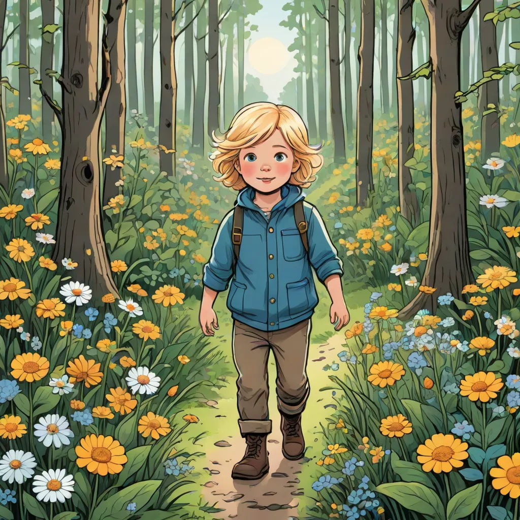 a boy walking through a forest with flowers on the ground and trees in the background, with a blue shirt and tan pants, a storybook illustration, Cliff Childs, process art, storybook illustration