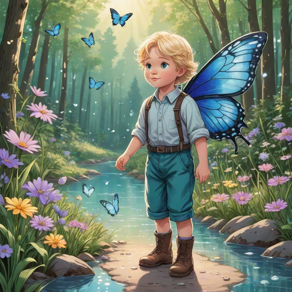 a boy with a blue butterfly wings standing on a path in a forest with flowers and butterflies around him, a storybook illustration, Aaron Jasinski, fantasy art, rossdraws global illumination