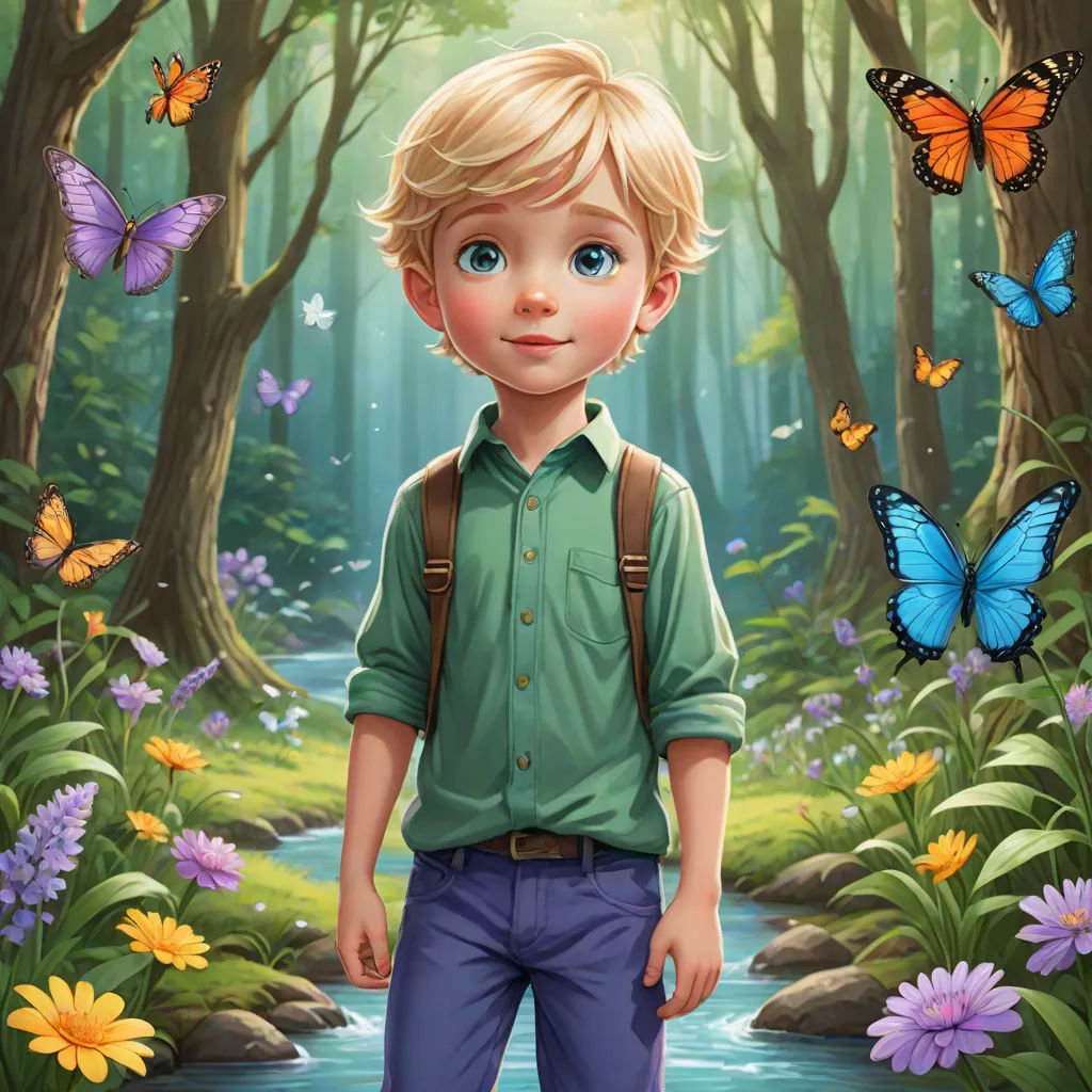 a boy standing in a forest with butterflies around him and a stream running through it with a butterfly in the background, a storybook illustration, Cliff Childs, fantasy art, kinkade