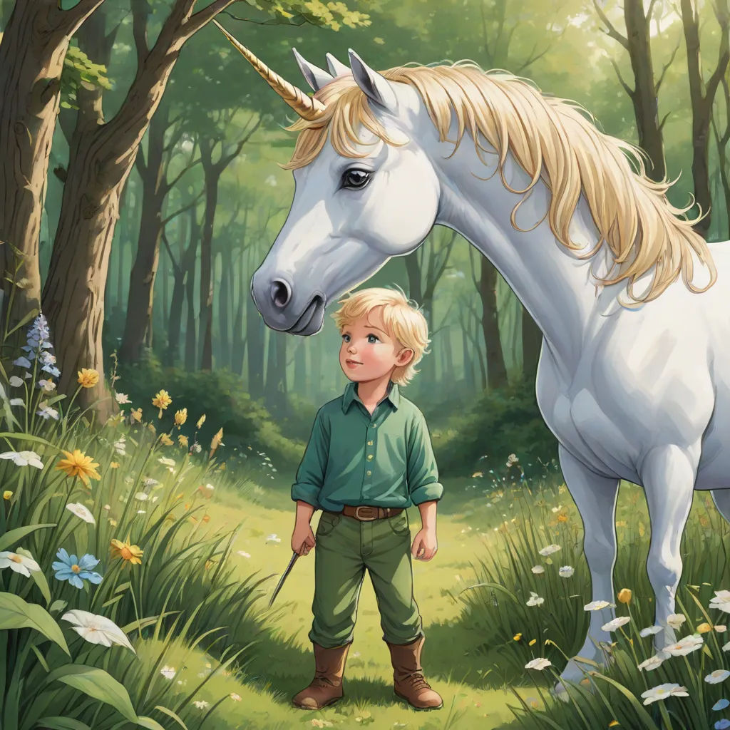 a boy standing in a forest with a unicorn in the background, and a forest with flowers and trees, a storybook illustration, Aaron Jasinski, fantasy art, storybook illustration