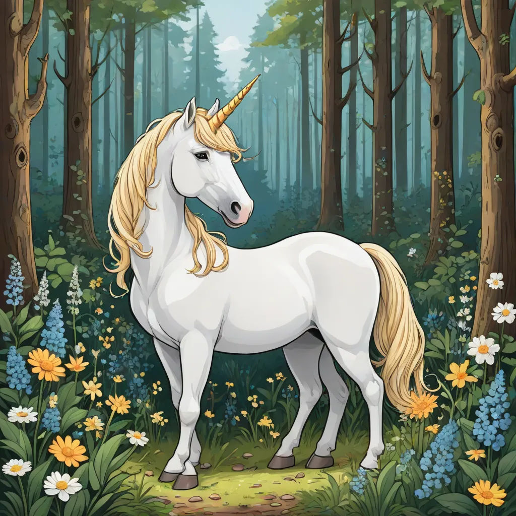 a white unicorn standing in a forest with flowers and trees around it, with a yellow horn on its head, a character portrait, Anne Stokes, fantasy art, game art