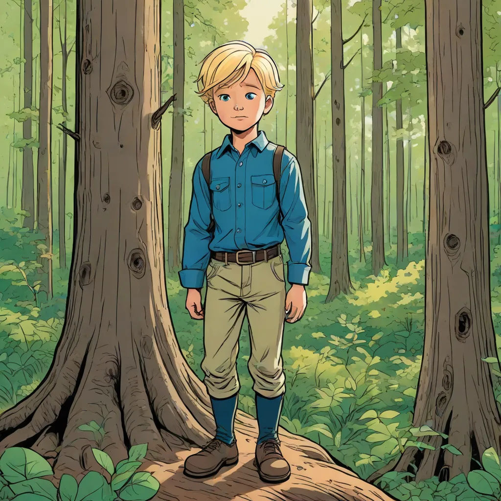 a boy standing in the woods next to a tree trunk with a backpack on it's back and a backpack on his shoulder, a character portrait, Cliff Childs, process art, yukito kishiro
