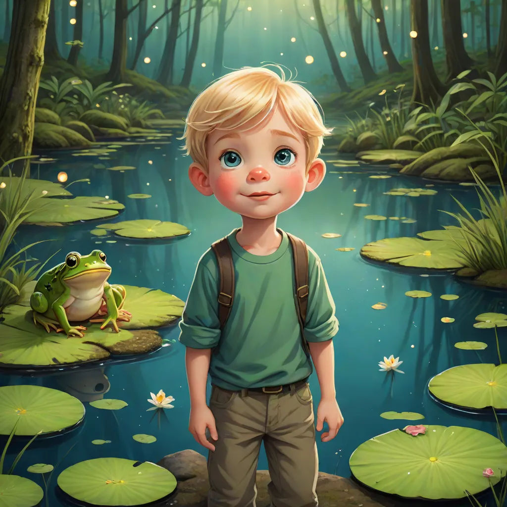 a boy standing in front of a pond with a frog on it's back and a frog on the other side, a storybook illustration, Aaron Jasinski, fantasy art, storybook illustration