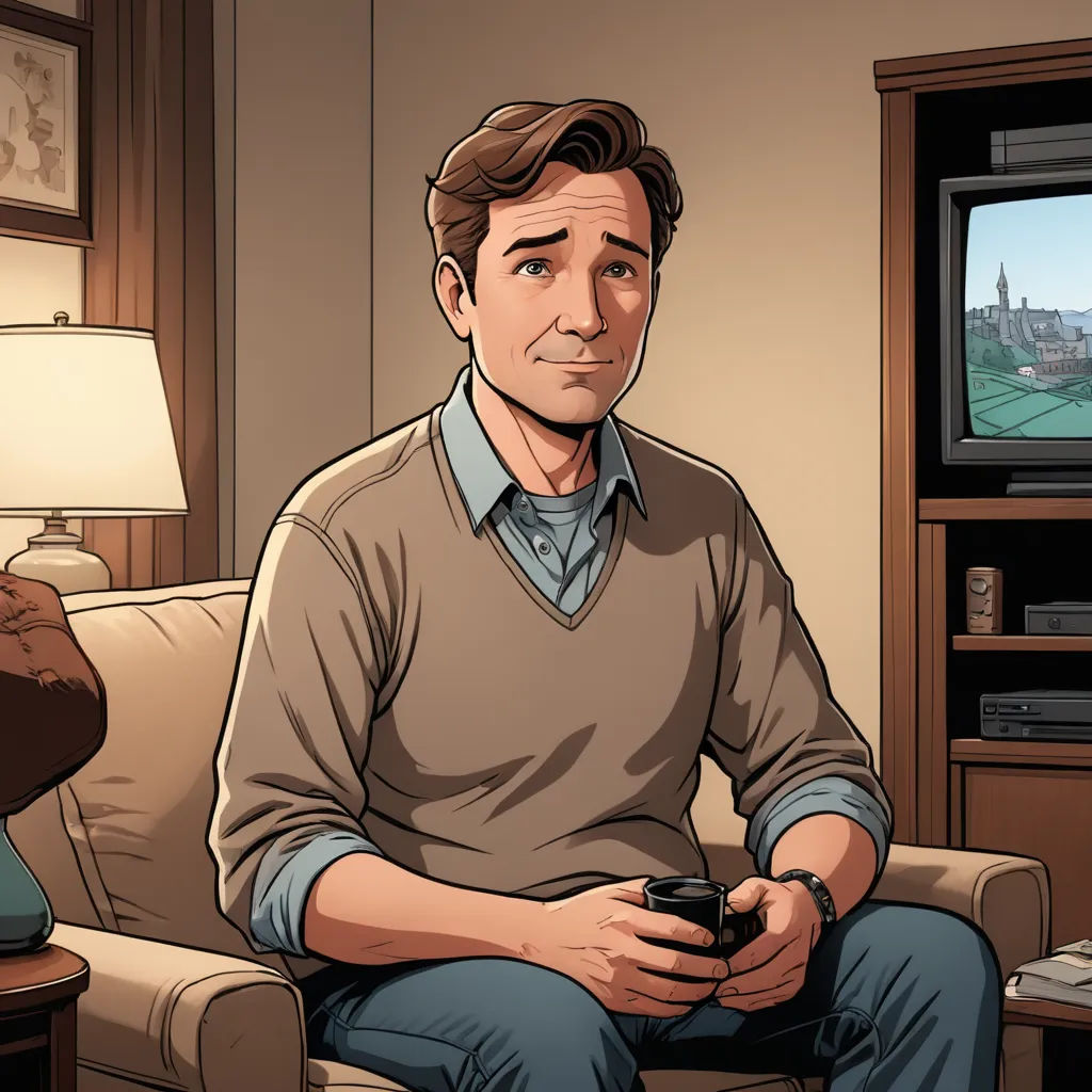 a man sitting in a chair holding a remote control in front of a tv screen with a city in the background, serial art, a comic book panel, Clark Voorhees, video game