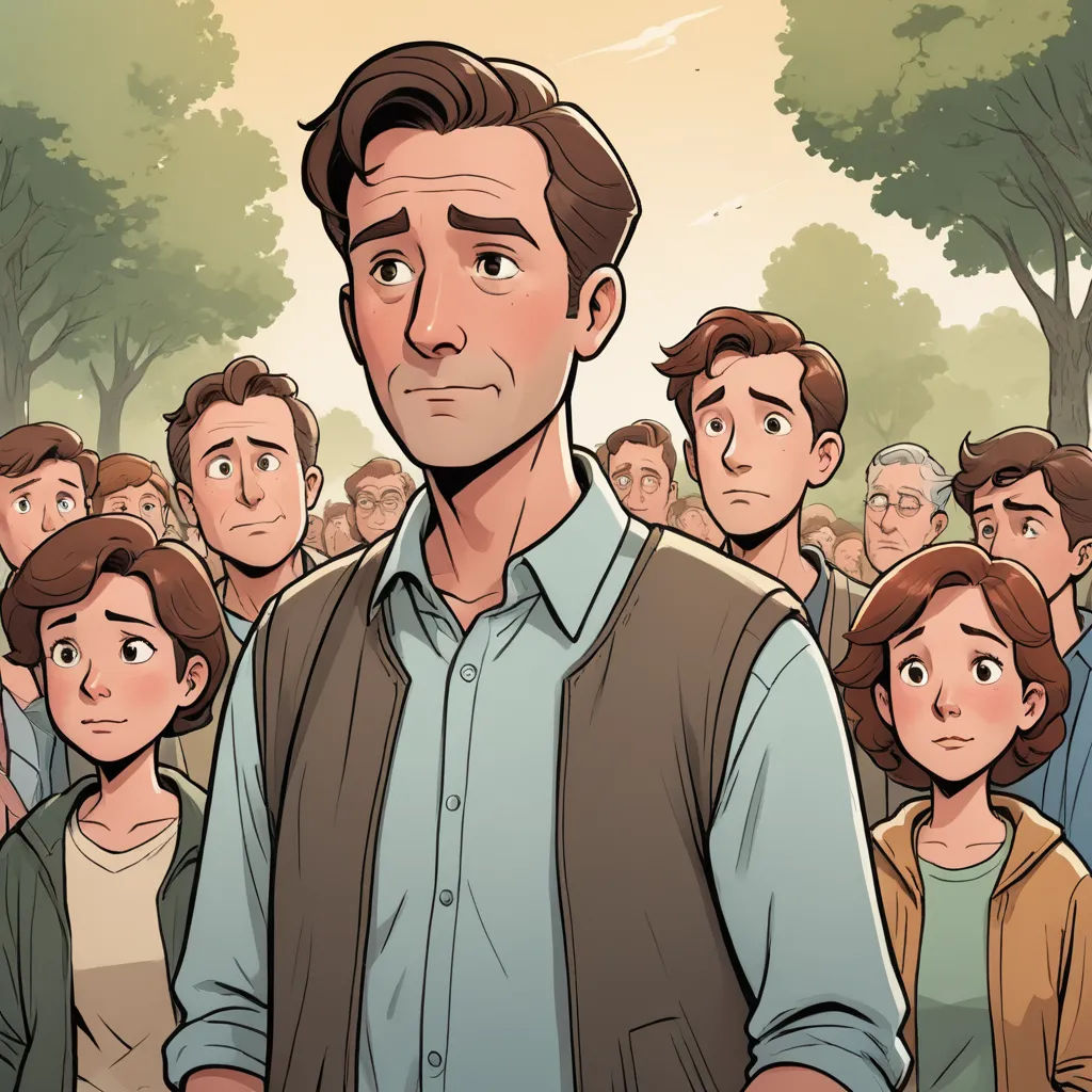 a man standing in front of a crowd of people in a park with trees and bushes in the background, context art, a comic book panel, Asaf Hanuka, graphic novel