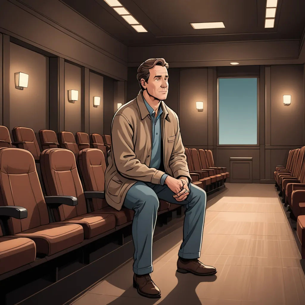 a man sitting in a theater with a suit on and a tie on, in front of a row of seats, serial art, a hologram, F. Scott Hess, official art