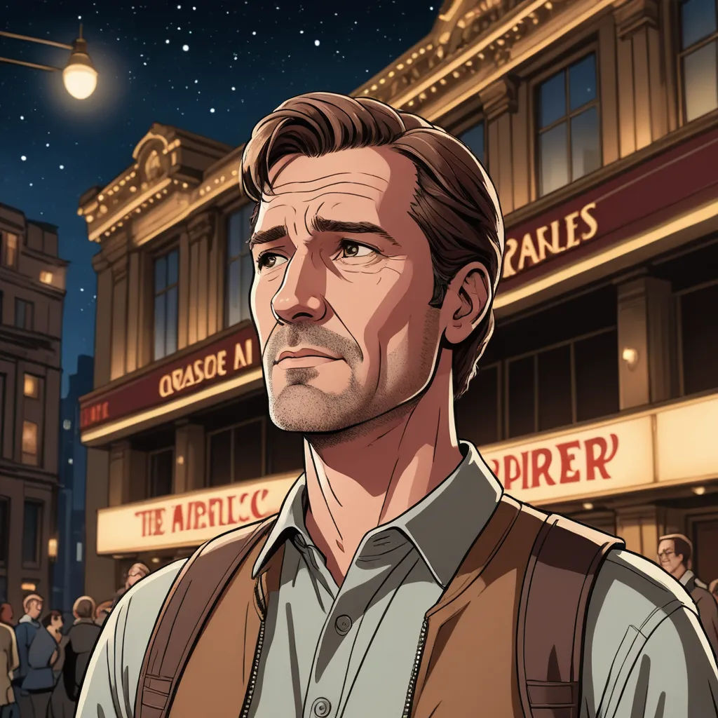 a man in a vest and a brown vest standing in front of a building at night with a street light, new objectivity, a character portrait, Alton Tobey, promotional image