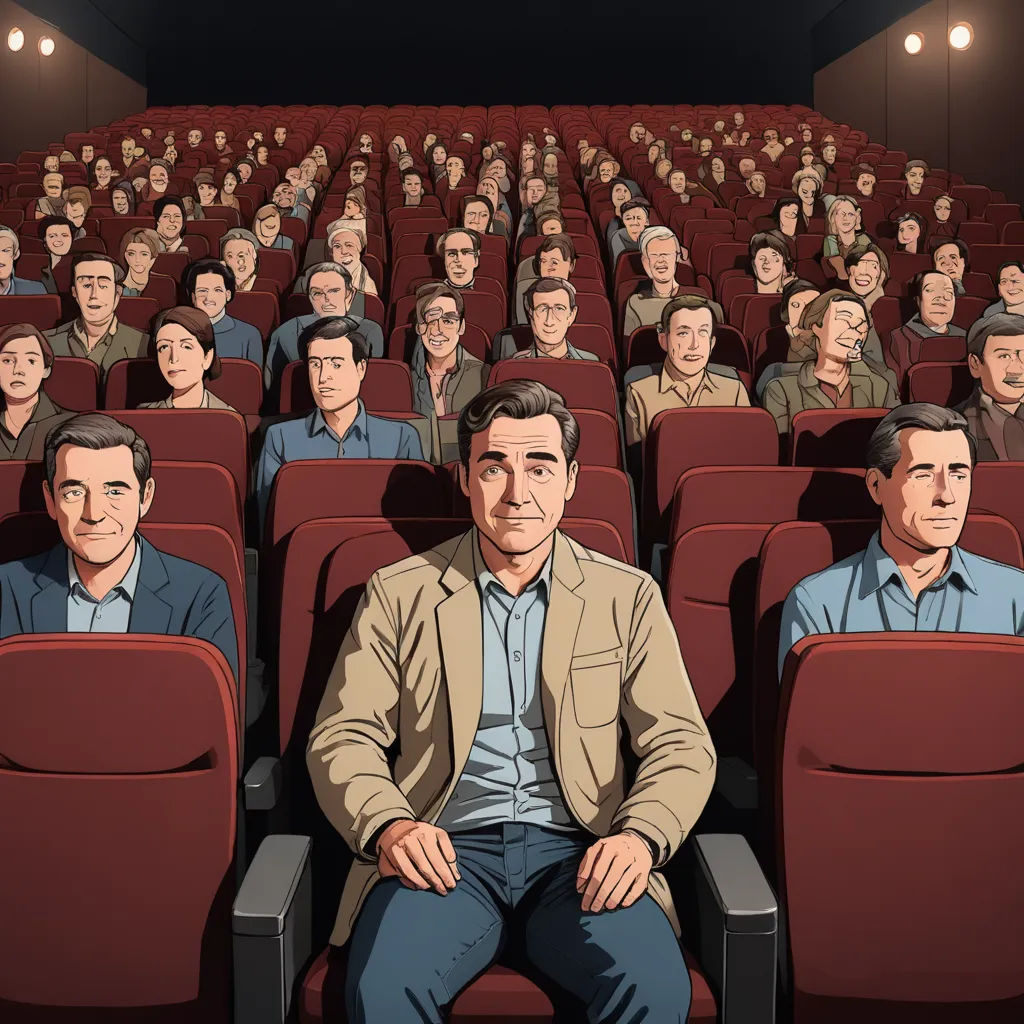 a man sitting in a theater with a crowd of people behind him in the seats, all looking at the camera, les automatistes, a comic book panel, Asaf Hanuka, cinema