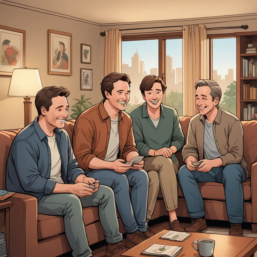a group of men sitting on top of a couch in a living room next to a window with a city view, american scene painting, a comic book panel, Brothers Hildebrandt, official art
