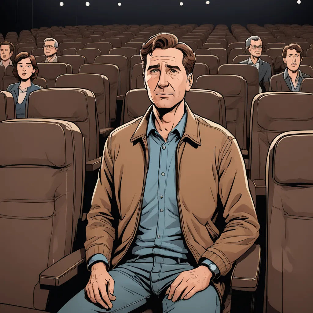 a man sitting in a theater with a crowd of people behind him in the background, a man in a blue shirt and jeans is sitting in a brown jacket, american realism, a comic book panel, F. Scott Hess, cinema