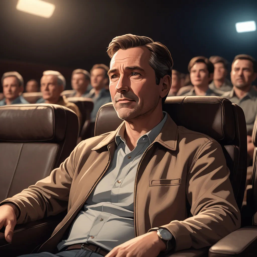 a man sitting in a theater seat with other men in the background watching a movie on a screen with a remote control, photorealism, an ultrafine detailed painting, Chris LaBrooy, cinema