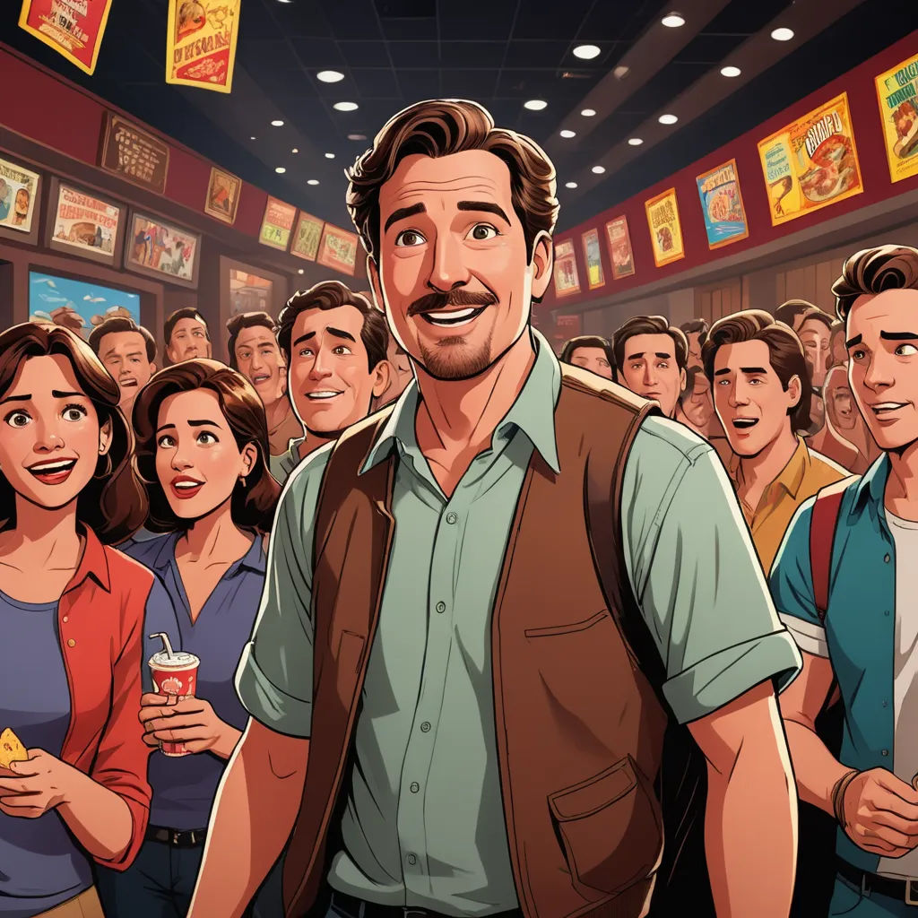 a man standing in front of a crowd of people in a movie theater with a drink in his hand, american realism, a storybook illustration, Don Bluth, official art
