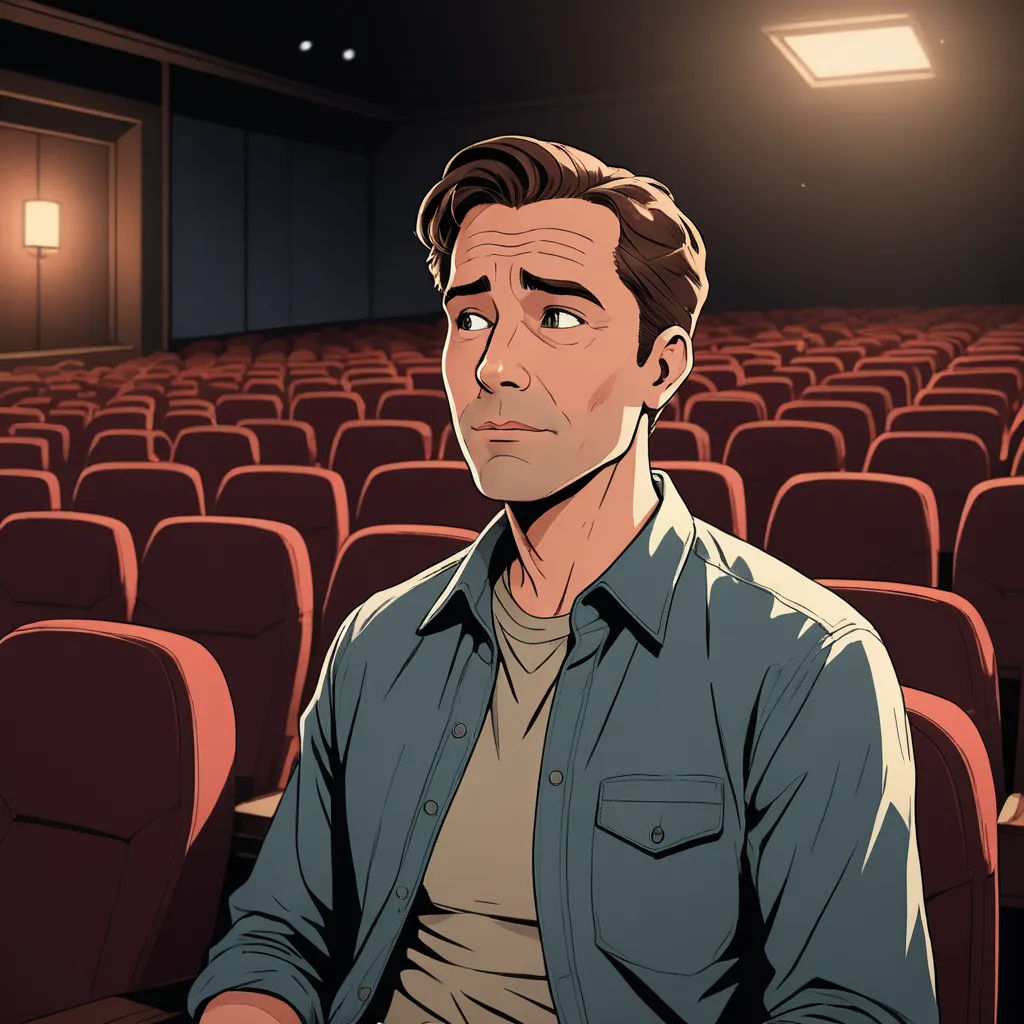 a man sitting in a theater with a blue shirt on and a red chair in front of him, looking at the camera, serial art, a character portrait, Colin Middleton, promotional image