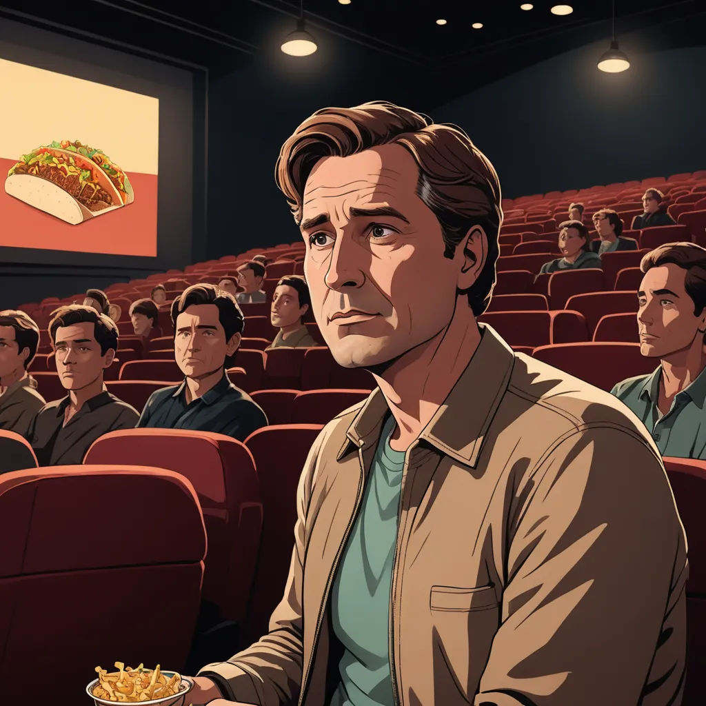 a man sitting in a movie theater with a plate of food in front of him and a movie screen in the background, american realism, a comic book panel, Chris LaBrooy, cinema