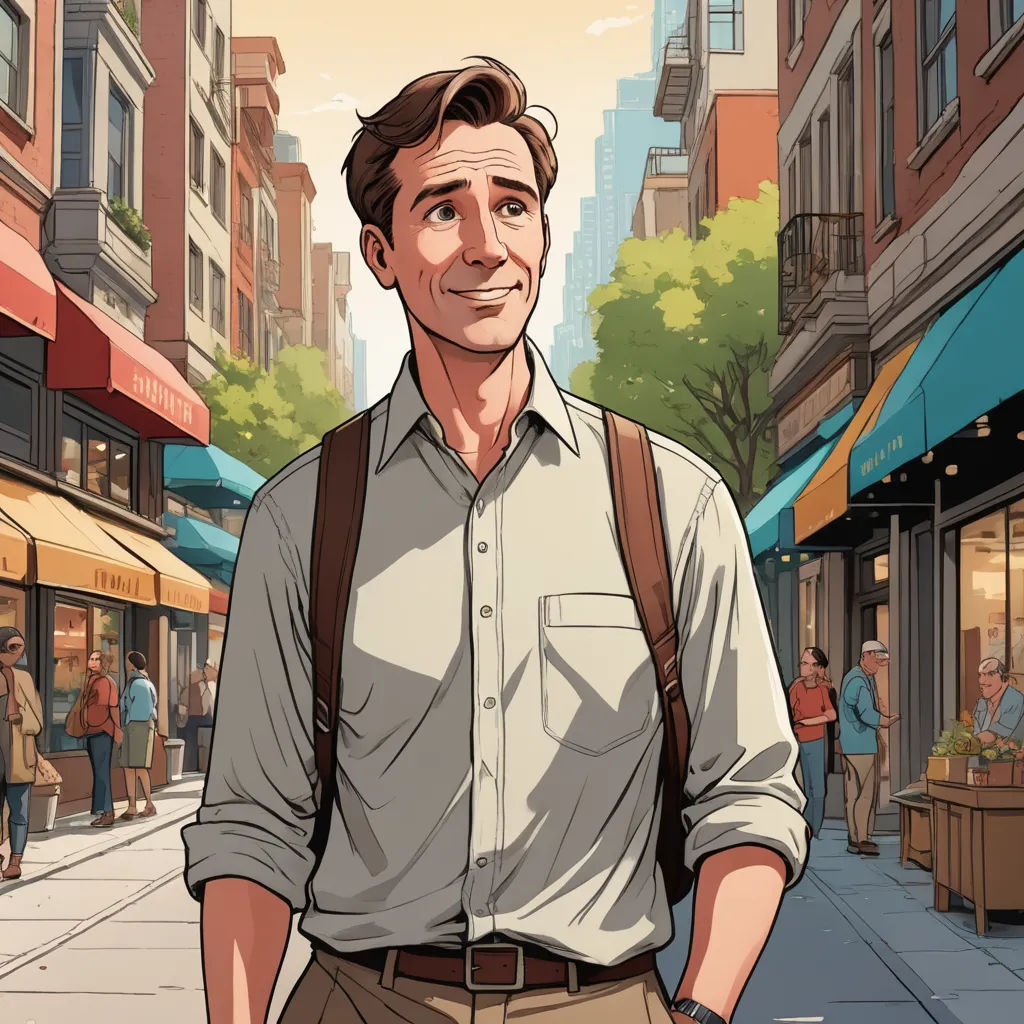 a man in a shirt and suspenders is walking down the street in a city with buildings and people, american realism, a comic book panel, Colin Middleton, official art