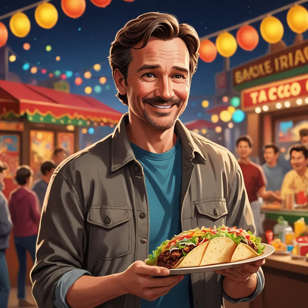 a man holding a plate of food in front of a restaurant with a lot of people in the background, american scene painting, a character portrait, Chris LaBrooy, kinkade