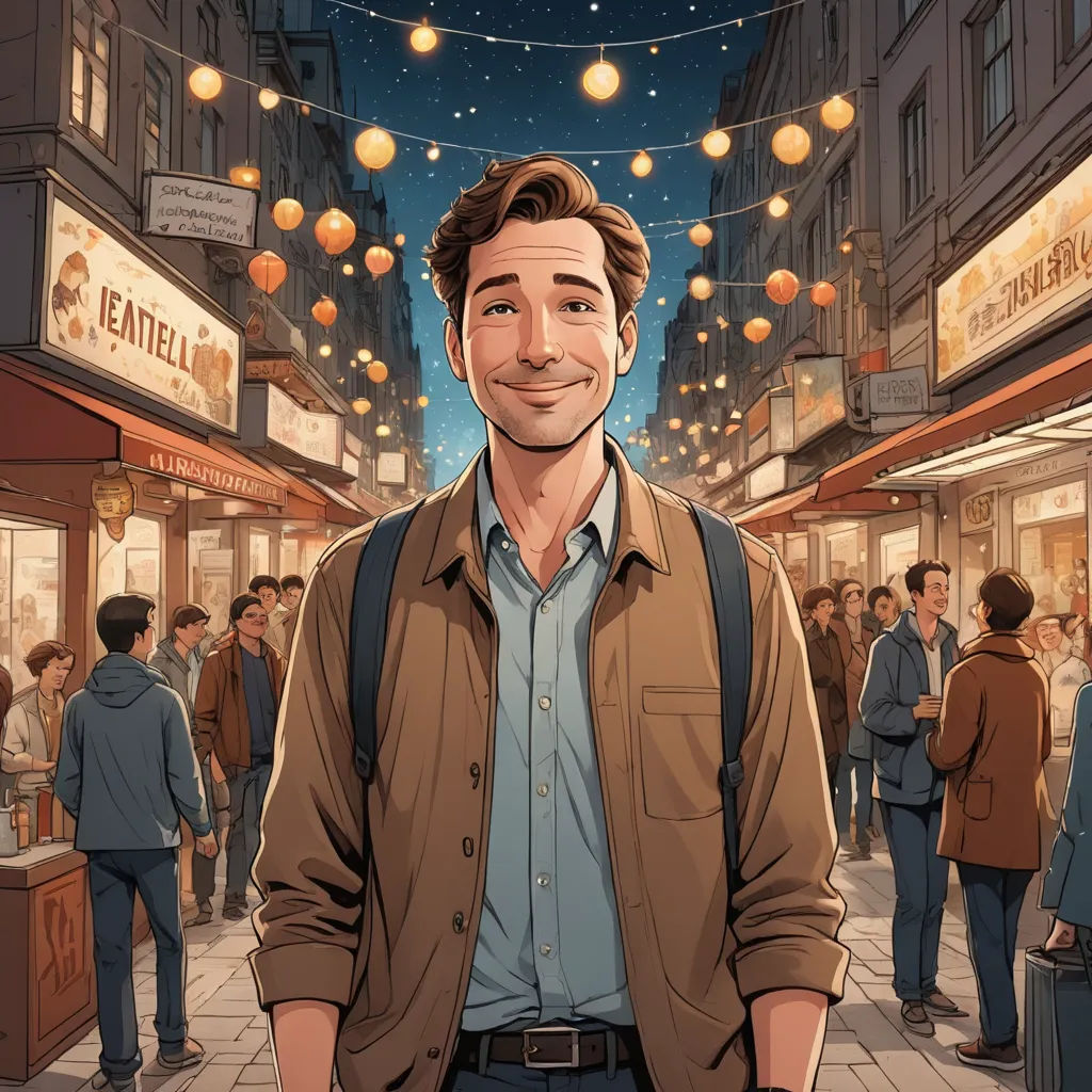 a man standing in a crowded city street at night with a lot of people walking around him and a string of lights hanging above him, arbeitsrat für kunst, a character portrait, Colin Middleton, official art
