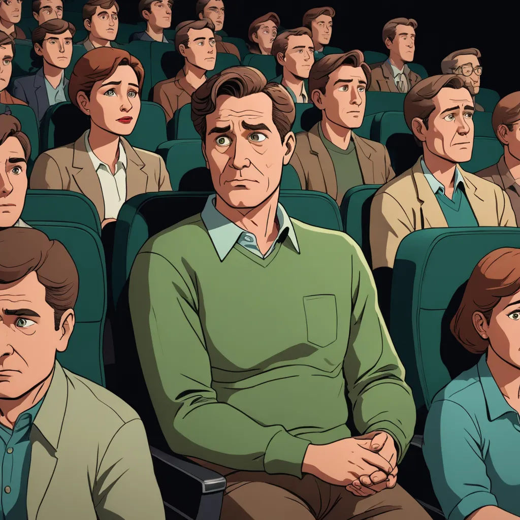 a man sitting in a theater surrounded by other people in green shirts and blue shirts, with one man looking at the camera, context art, a comic book panel, Asaf Hanuka, cinema
