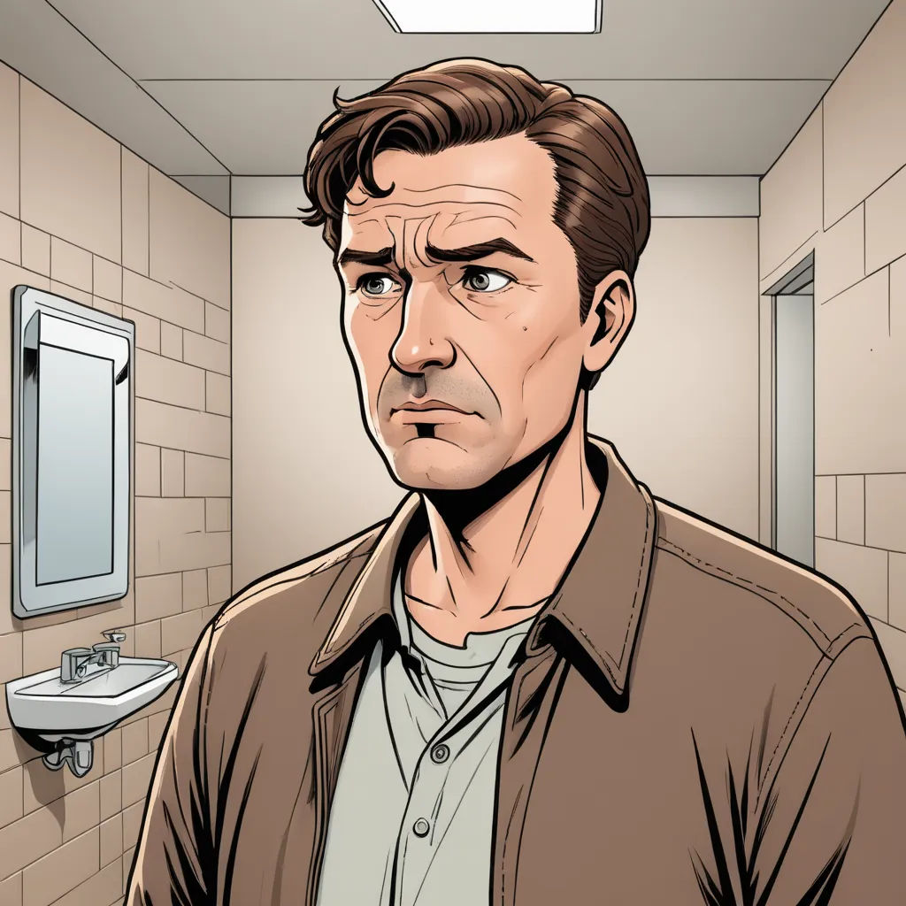 a man in a bathroom with a sink and mirror behind him, in a cartoon style, with a man looking at the mirror, serial art, a comic book panel, Clark Voorhees, official art