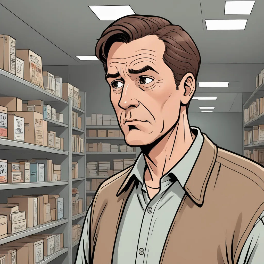 a man in a warehouse with boxes on shelves and a man in a shirt looking at the camera with a serious look on his face, american realism, a character portrait, David Dougal Williams, graphic novel
