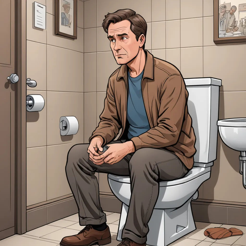 a man sitting on a toilet in a bathroom with a toilet paper roll on the floor and a toilet paper roll on the floor, american realism, a character portrait, Dan Scott, official art