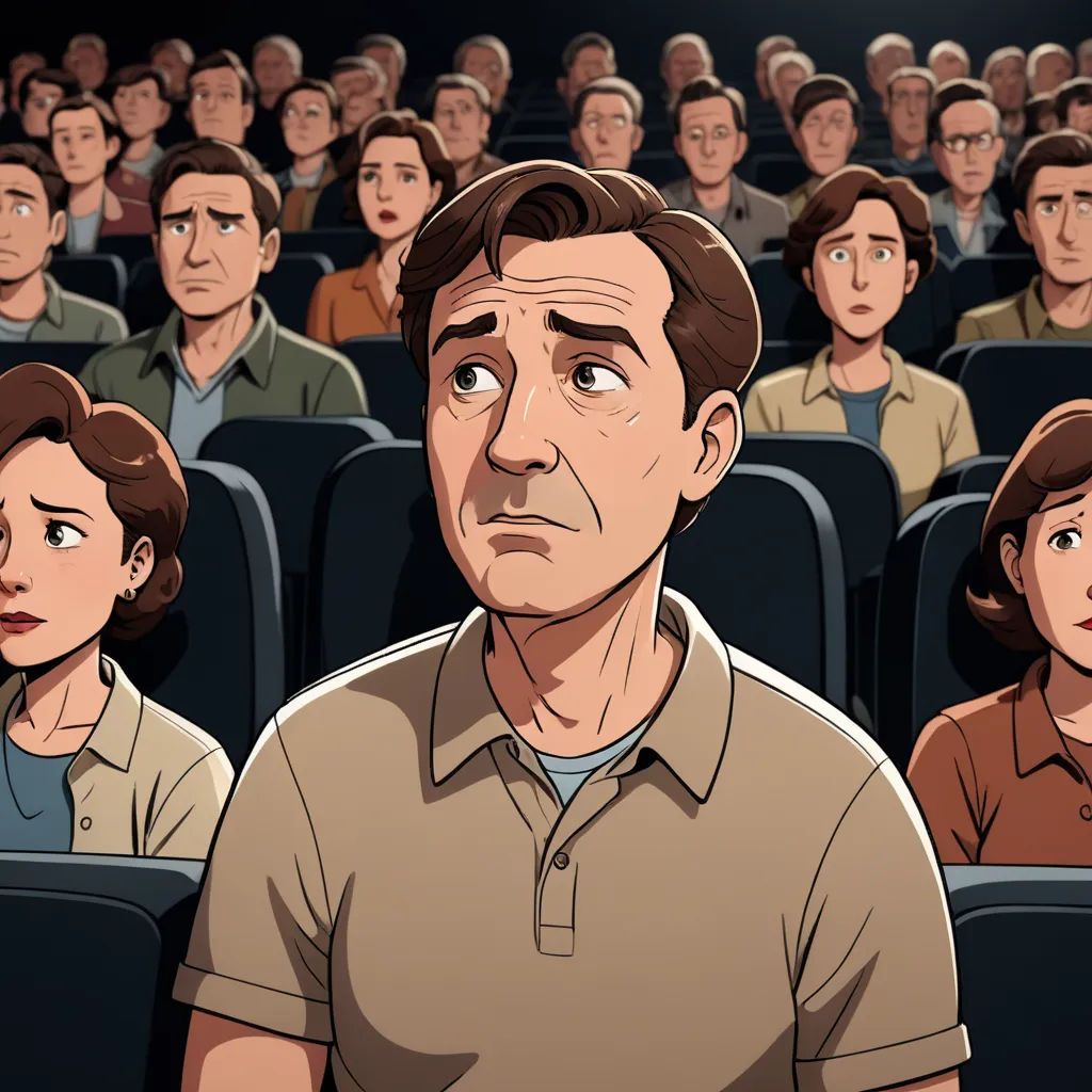 a man standing in front of a crowd of people in a theater with a surprised look on his face, serial art, a comic book panel, Asaf Hanuka, cinema