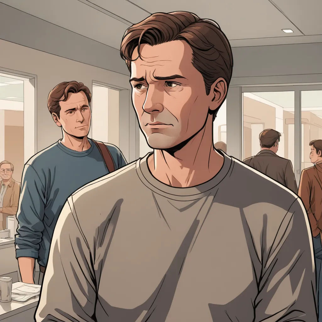 a man in a gray shirt standing in a room with other people in the background and a man in a gray shirt standing in front of him, academic art, a comic book panel, Alton Tobey, graphic novel
