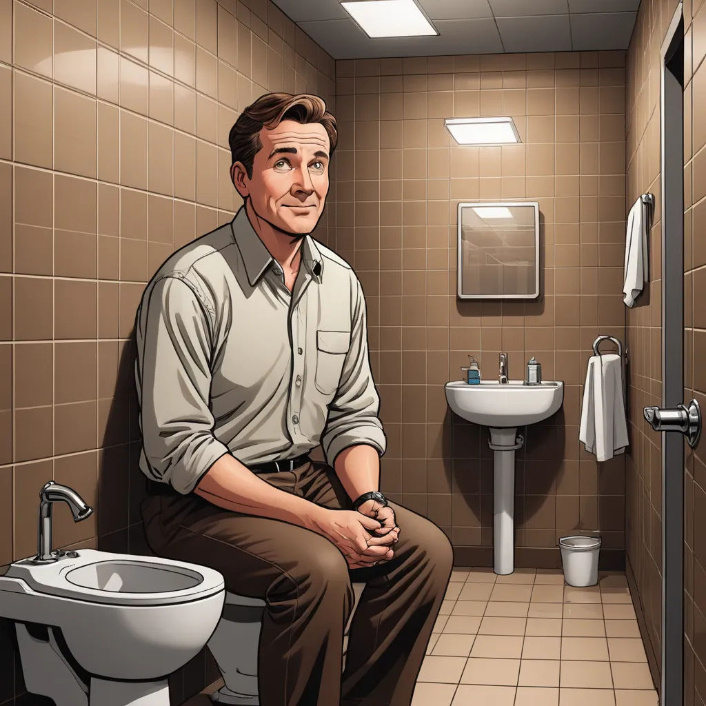 a man sitting on a toilet in a bathroom with a sink and toilet paper on the wall and a toilet paper roll, american realism, a character portrait, F Scott Hess, official art