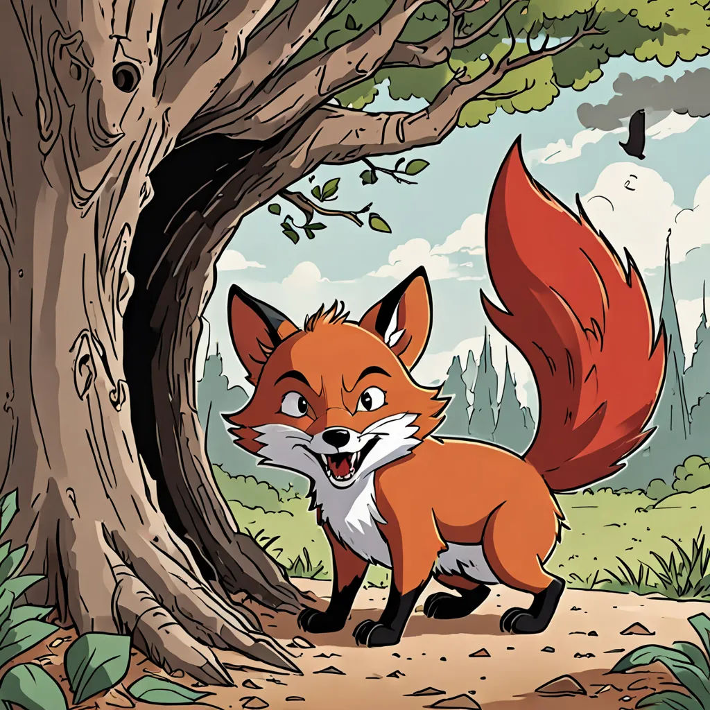 a cartoon fox standing in front of a tree with a bird flying overhead in the sky above it and a forest in the background, furry art, a storybook illustration, Cliff Childs, comic cover art