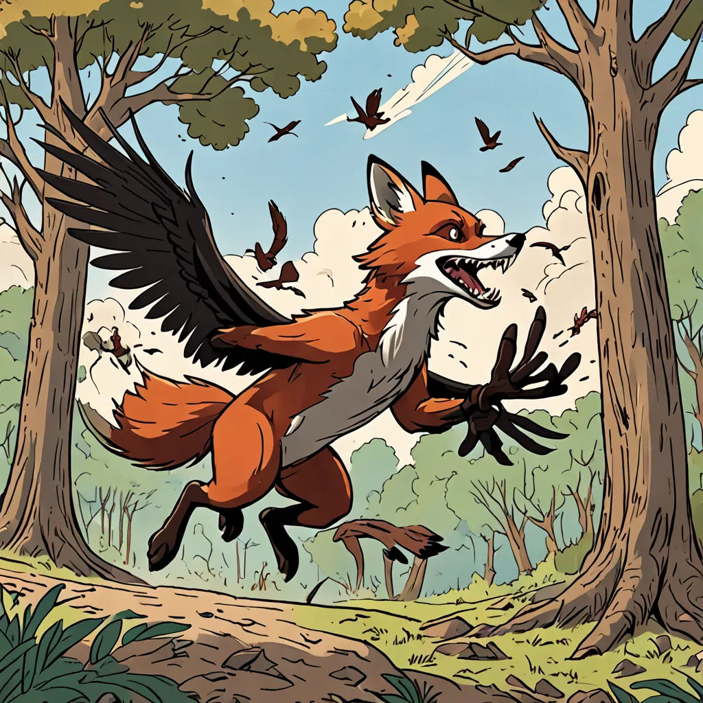 a fox is running through the woods with a bird in its mouth and a bird in its mouth, with a bird flying above it, furry art, a comic book panel, Asaf Hanuka, furaffinity