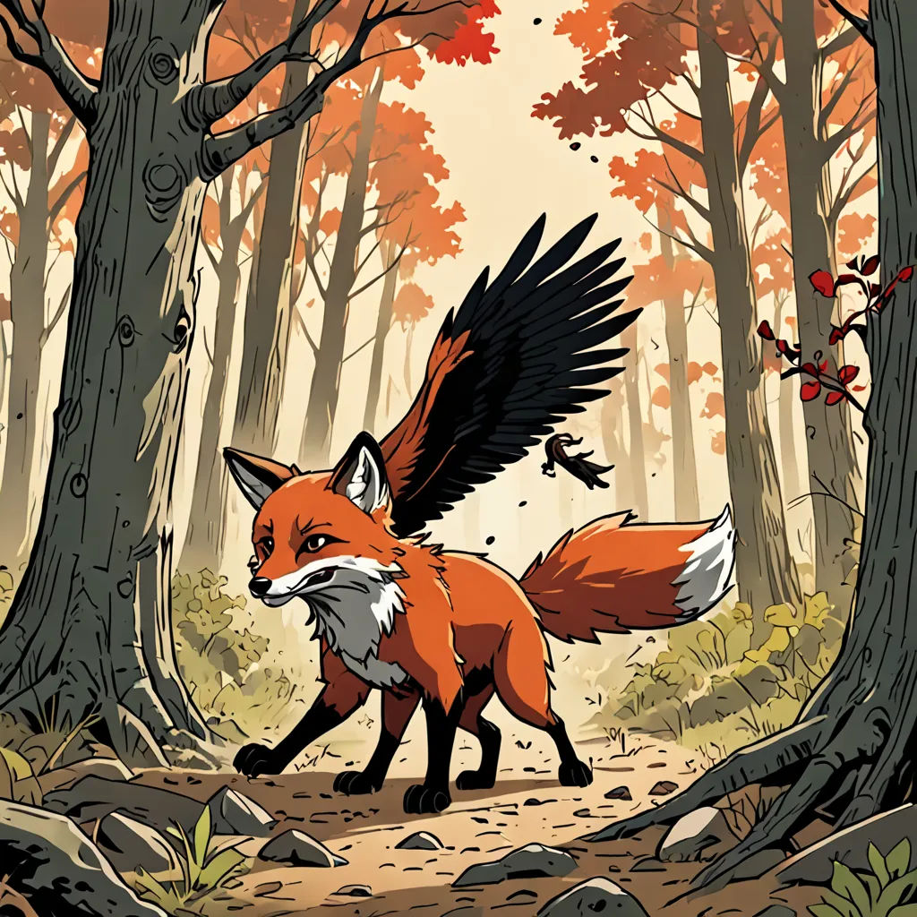 a red fox with a black bird on its back in a forest with rocks and trees in the background, furry art, a comic book panel, Dan Mumford, official art