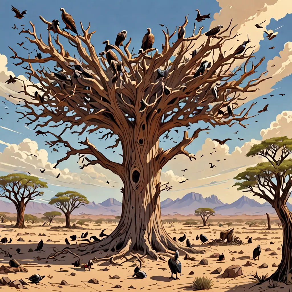 a painting of a tree with birds in it and a sky background with clouds and mountains in the distance, naturalism, a detailed matte painting, Chris LaBrooy, highly detailed digital painting