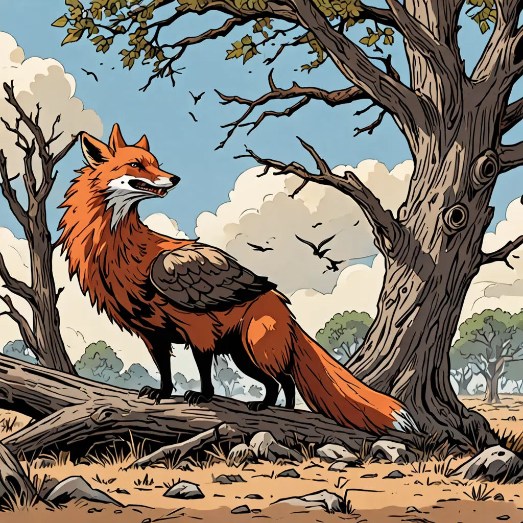 a red fox standing on a fallen tree branch in a forest with birds flying overhead and a blue sky with clouds, furry art, a comic book panel, Dan Mumford, laurie greasley