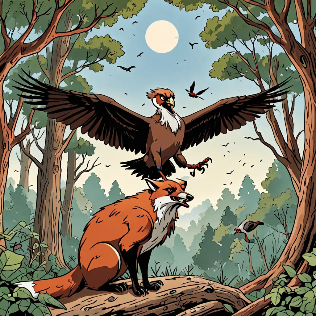 a bird is sitting on top of a fox in the woods with a bird flying above it and another bird sitting on the ground, furry art, a storybook illustration, Dan Mumford, comic cover art