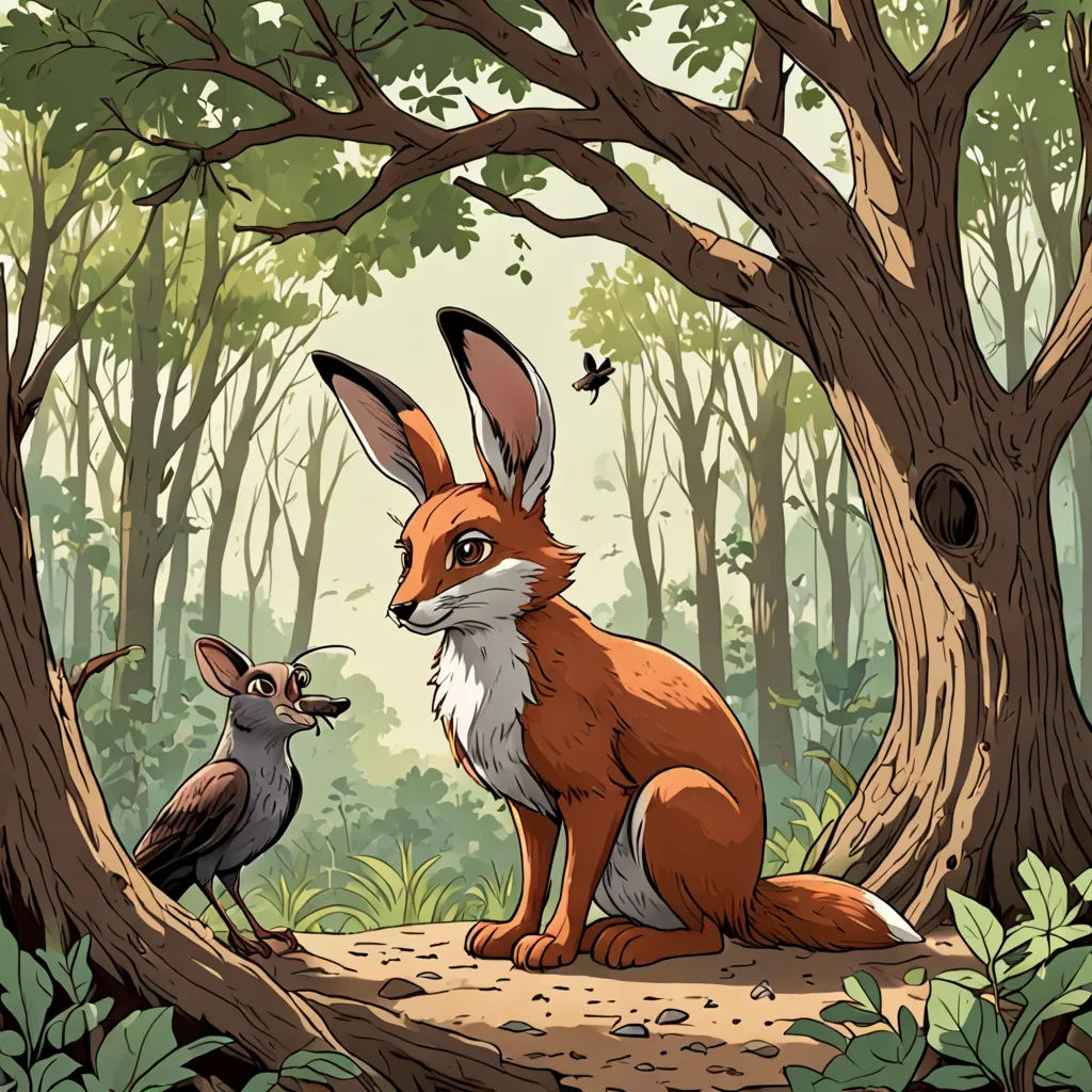a fox and a bird are sitting in the woods together, one is staring at the other one's ear, furry art, a storybook illustration, Diego Gisbert Llorens, storybook illustration